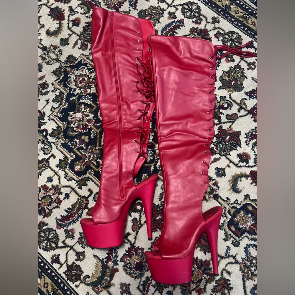 Pleaser Adore 3019 Elegant Red Over-the-Knee Platform Boots size 10